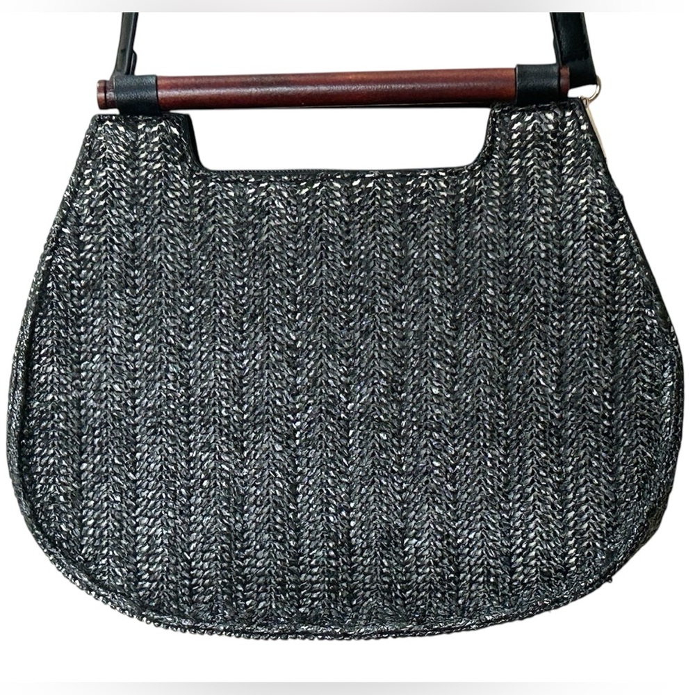 Handbag Republic Black Vegan Woven  Crossbody Removeable Strap Wood  Handles - Picture 2 of 9